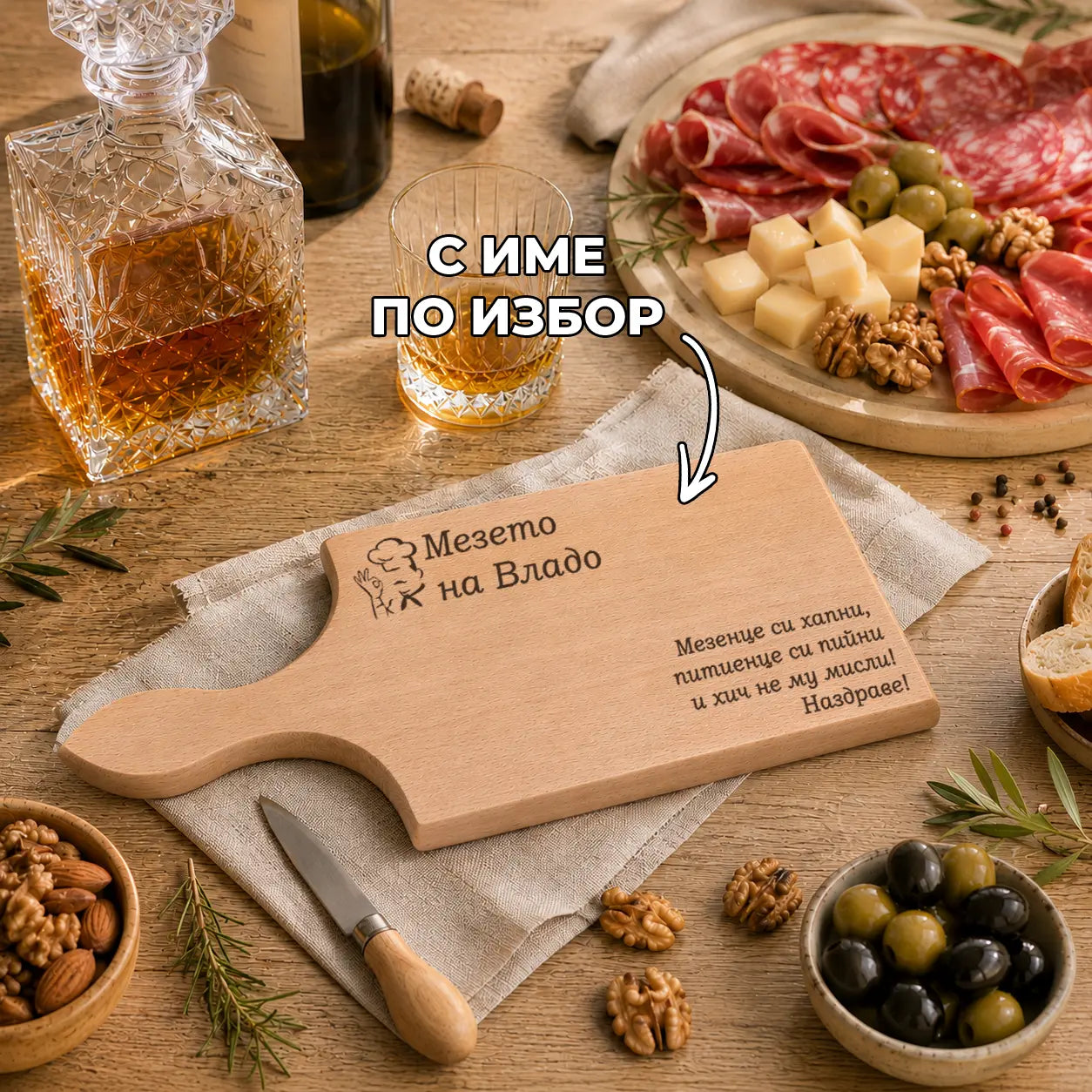 Гравирана дървена дъска „Мезето на...“ с име по избор