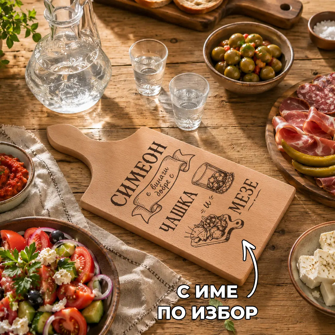 Гравирана дървена дъска „Чашка и мезе“ с име по избор