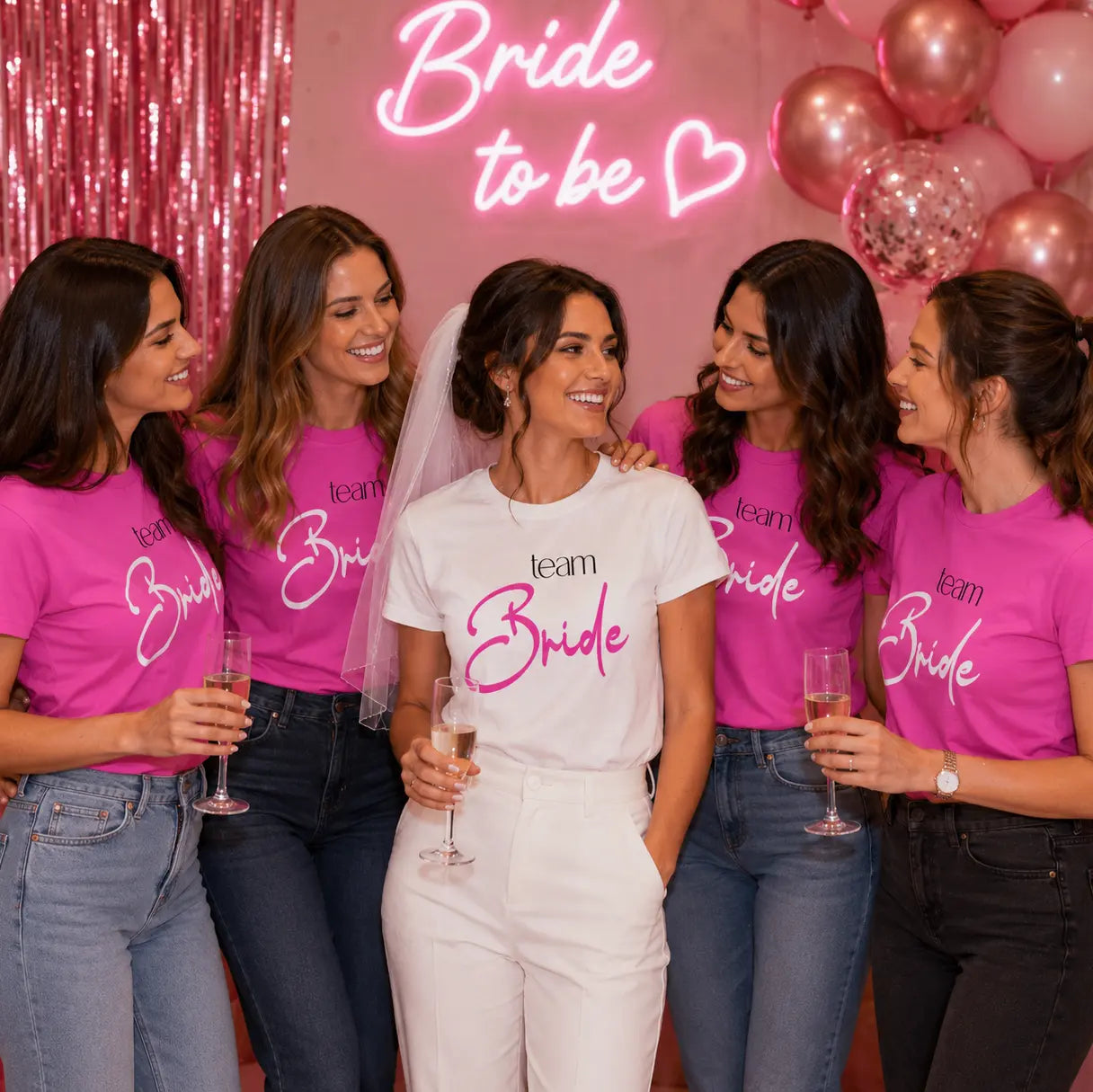 Тениски за моминско парти с надписи "Bride" и "Team bride" за булката и приятелките