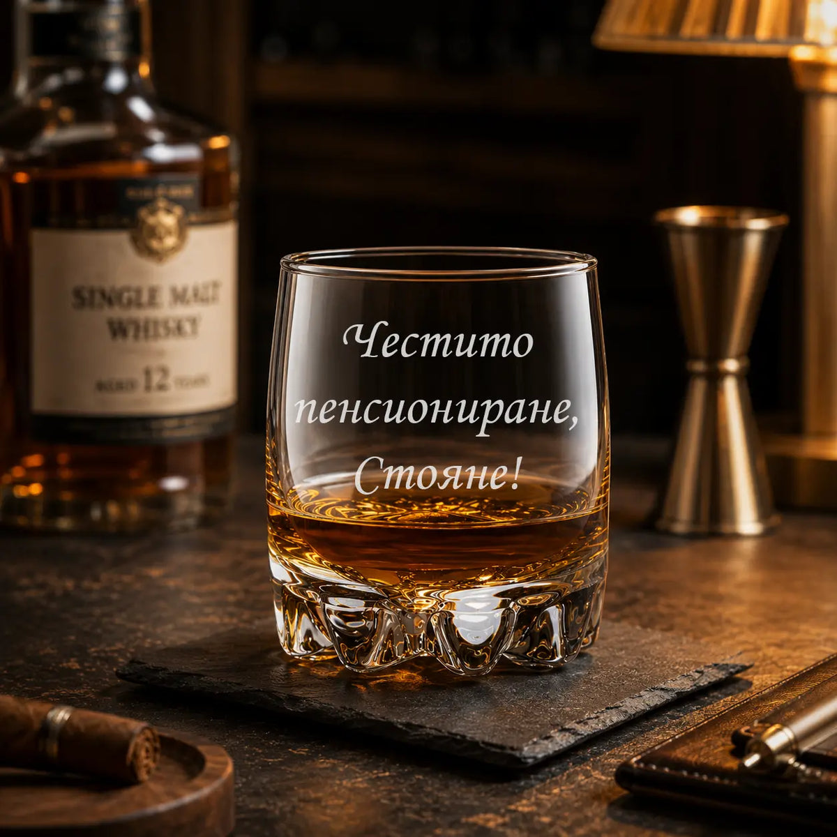 Гравирана чаша за уиски с име "Честито пенсиониране!"