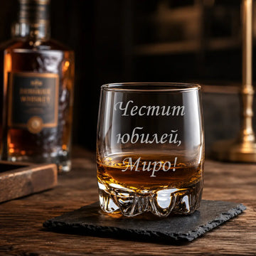 Гравирана чаша за уиски с име "Честит юбилей!"