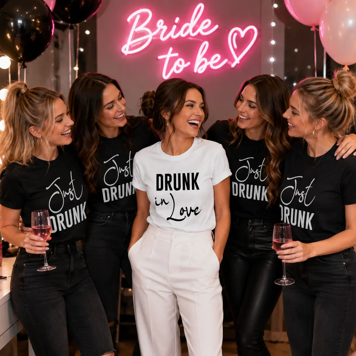 Тениски за моминско парти за булка с надпис "Drunk in love" и тениски за приятелките "Just drunk"