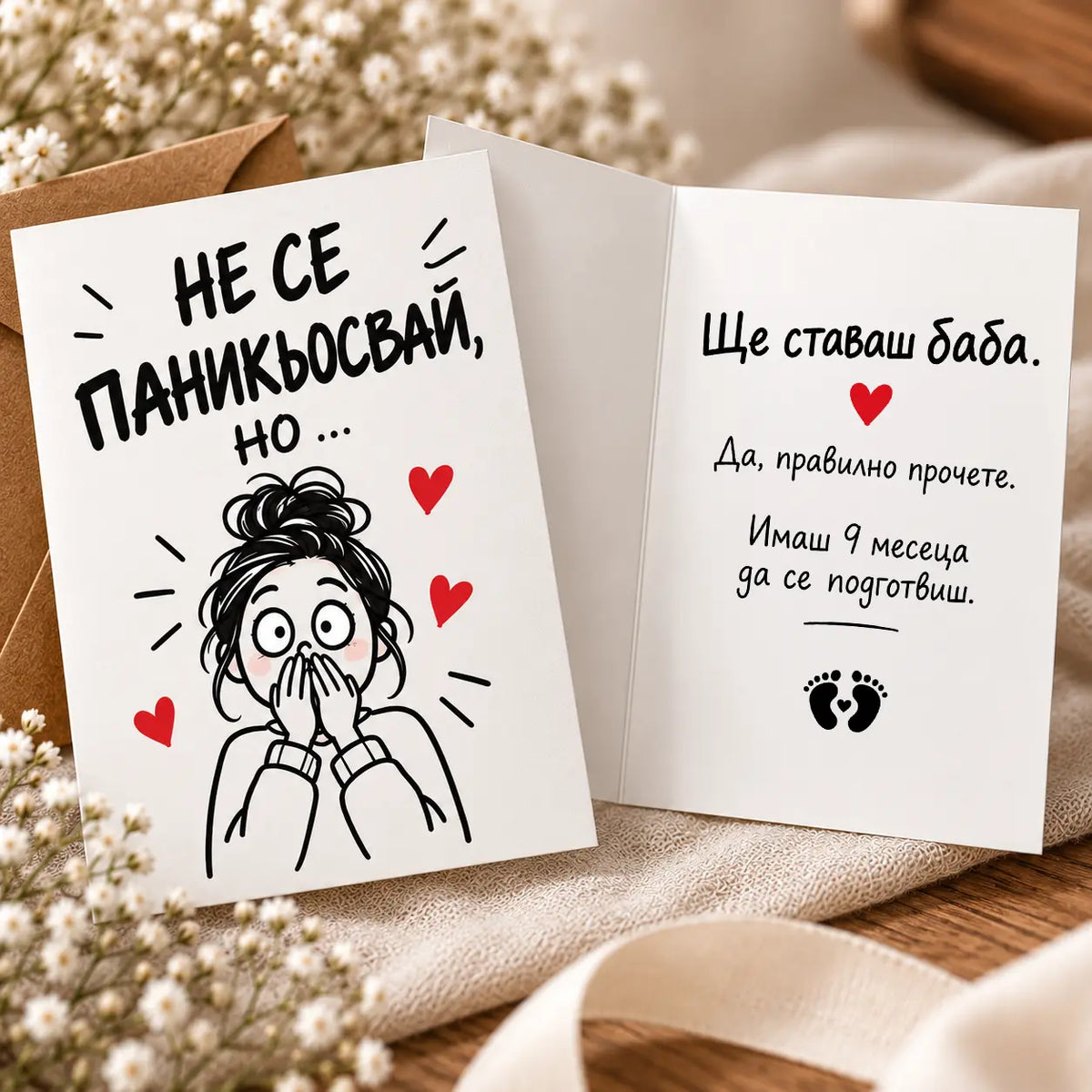 Картичка "Не се паникьосвай, но...!" за съобщаване на бременност