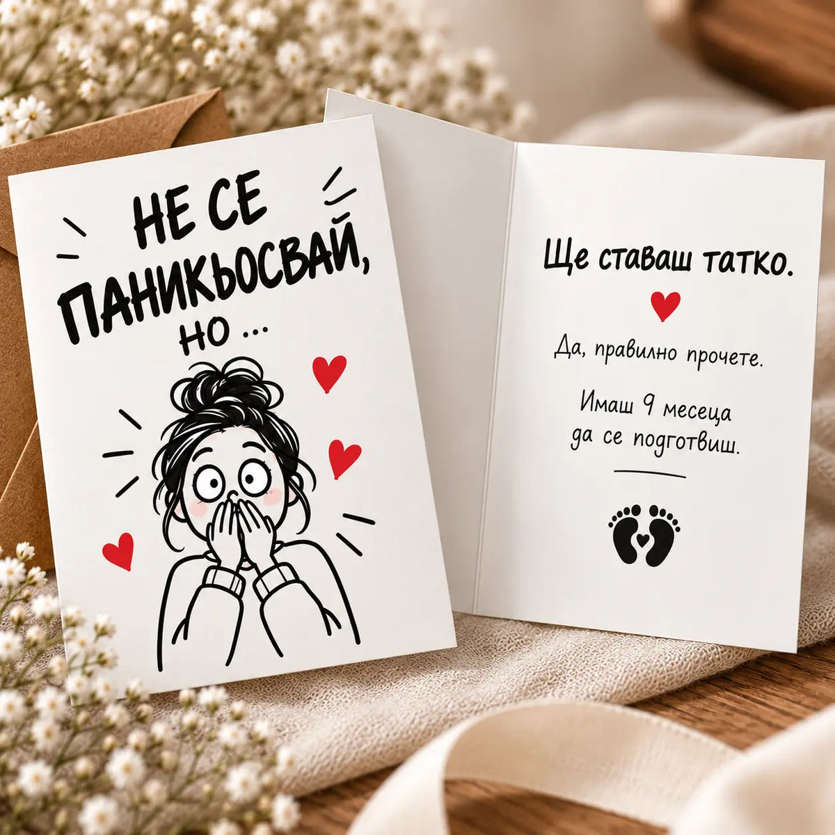 Картичка "Не се паникьосвай, но...!" за съобщаване на бременност