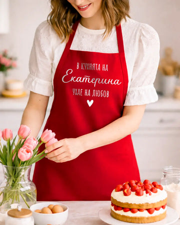 Персонализирана престилкa с име "В кухнята на {Име} ухае на любов!"